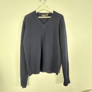 Vintage Buffums California Mens Navy Blue V-Neck Wool Sweater Large Pullover